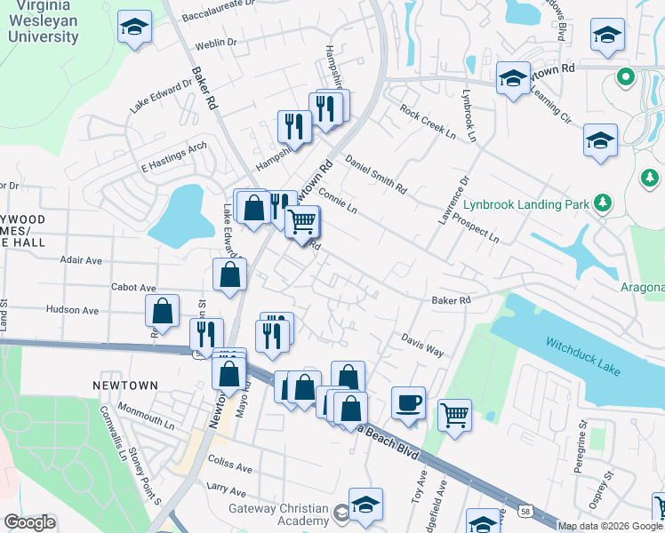 map of restaurants, bars, coffee shops, grocery stores, and more near 513 Summit Court in Virginia Beach