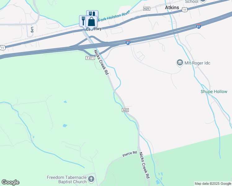 map of restaurants, bars, coffee shops, grocery stores, and more near Nicks Creek Road in Atkins