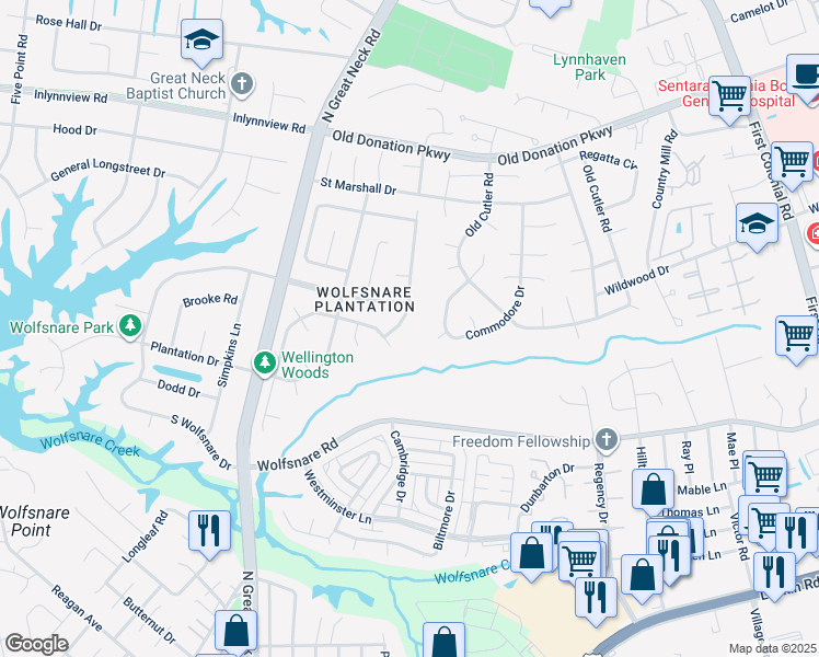 map of restaurants, bars, coffee shops, grocery stores, and more near 808 Duke of Suffolk Drive in Virginia Beach