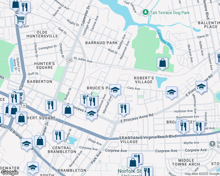 map of restaurants, bars, coffee shops, grocery stores, and more near in Norfolk