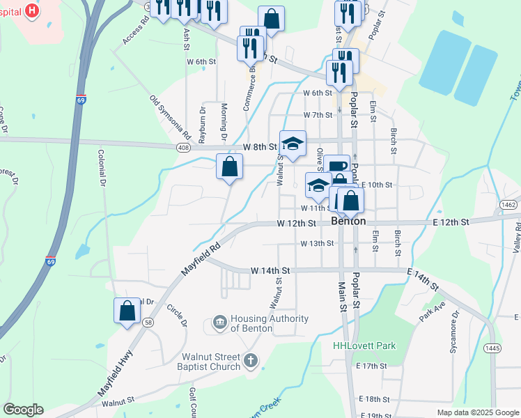 map of restaurants, bars, coffee shops, grocery stores, and more near 400 West 12th Street in Benton