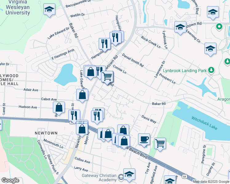map of restaurants, bars, coffee shops, grocery stores, and more near 502 Summit Court in Virginia Beach