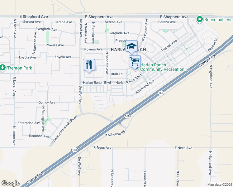map of restaurants, bars, coffee shops, grocery stores, and more near 3638 Etchings Way in Clovis