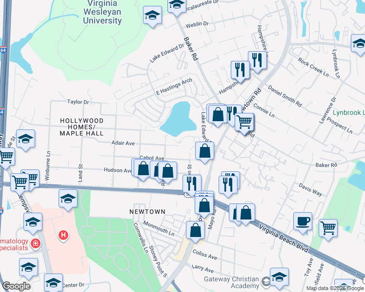 map of restaurants, bars, coffee shops, grocery stores, and more near 5800 Layton Street in Virginia Beach