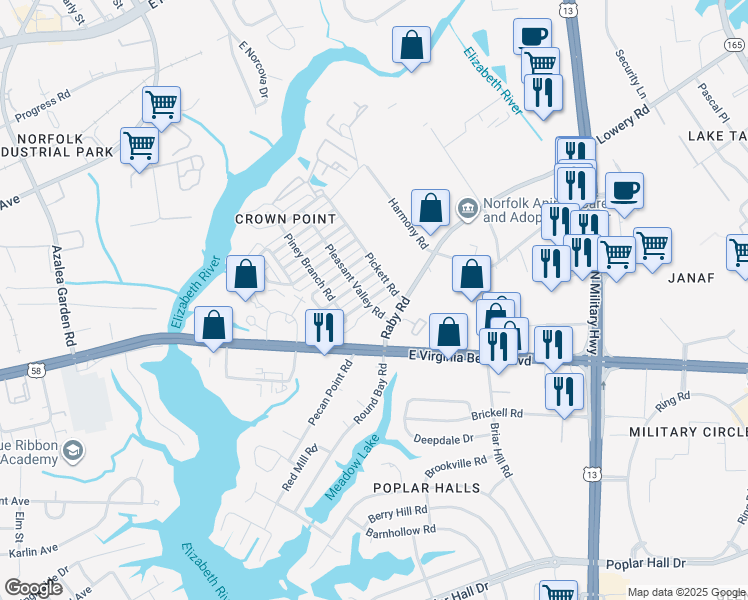 map of restaurants, bars, coffee shops, grocery stores, and more near 5379 Wyngate Drive in Norfolk