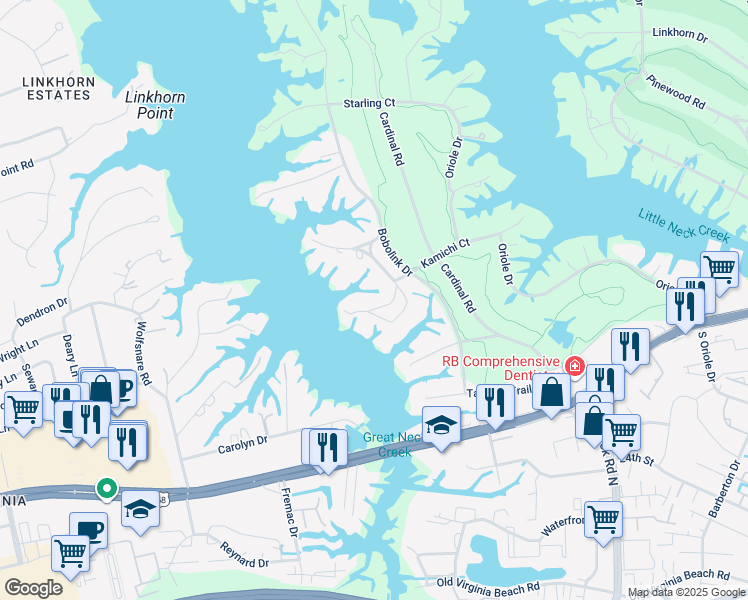 map of restaurants, bars, coffee shops, grocery stores, and more near 1308 Penguin Circle in Virginia Beach