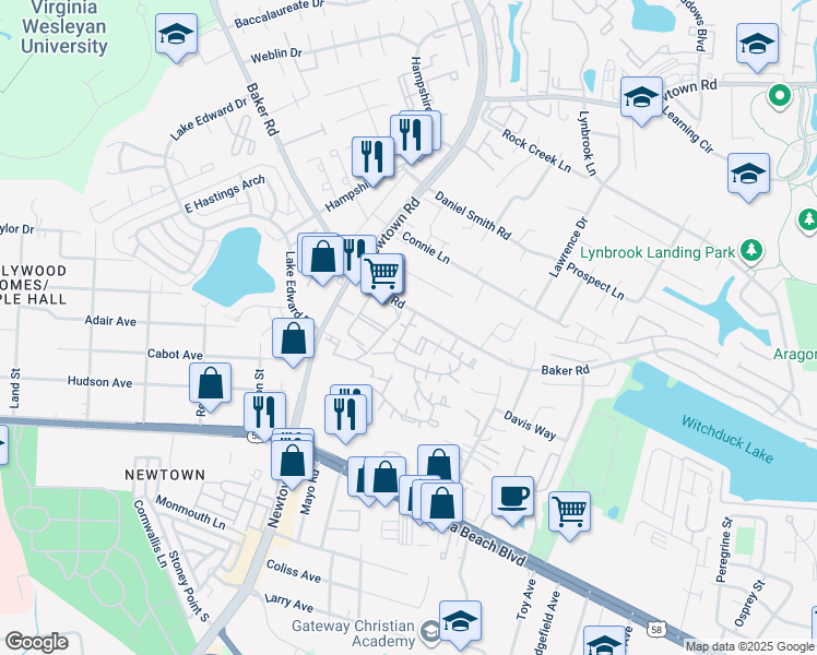 map of restaurants, bars, coffee shops, grocery stores, and more near 524 Summit Court in Virginia Beach