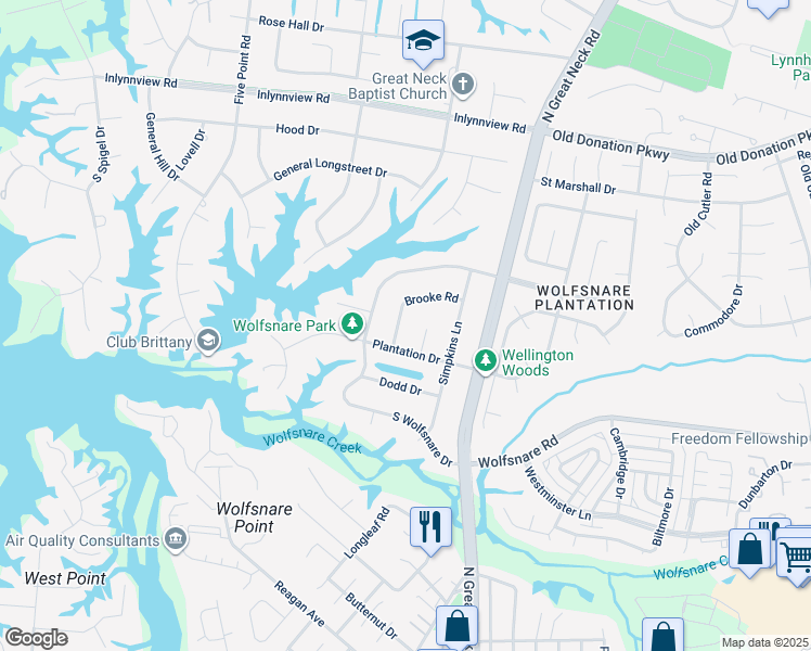 map of restaurants, bars, coffee shops, grocery stores, and more near 808 Brooke Road in Virginia Beach