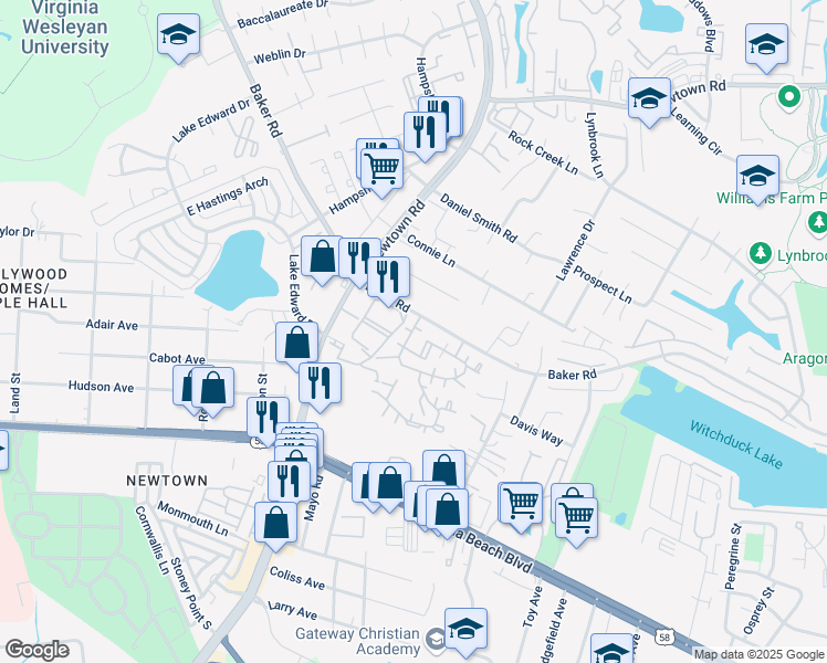 map of restaurants, bars, coffee shops, grocery stores, and more near 510 Summit Court in Virginia Beach