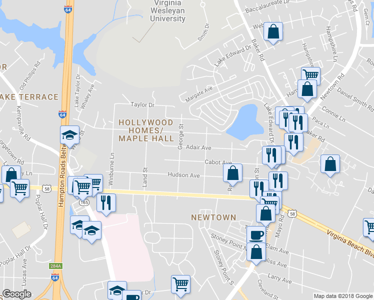 map of restaurants, bars, coffee shops, grocery stores, and more near 6411 Adair Avenue in Norfolk