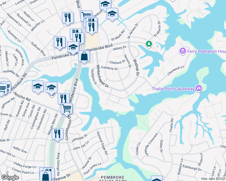 map of restaurants, bars, coffee shops, grocery stores, and more near 625 Whitechapel Drive in Virginia Beach