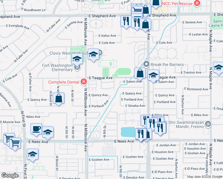 map of restaurants, bars, coffee shops, grocery stores, and more near 8406 North 9th Street in Fresno
