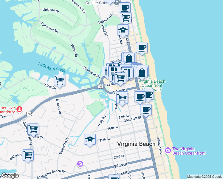 map of restaurants, bars, coffee shops, grocery stores, and more near 521 Laskin Road in Virginia Beach