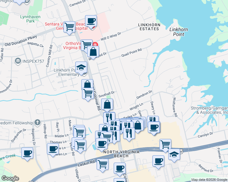 map of restaurants, bars, coffee shops, grocery stores, and more near 1000 Royal Park Court in Virginia Beach