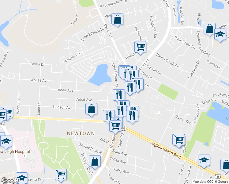 map of restaurants, bars, coffee shops, grocery stores, and more near 612 Redkirk Lane in Virginia Beach