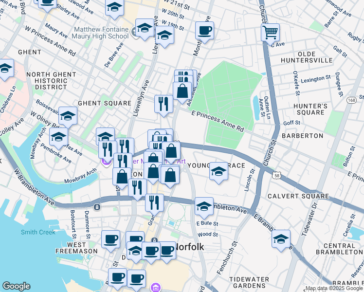 map of restaurants, bars, coffee shops, grocery stores, and more near 211 East Virginia Beach Boulevard in Norfolk