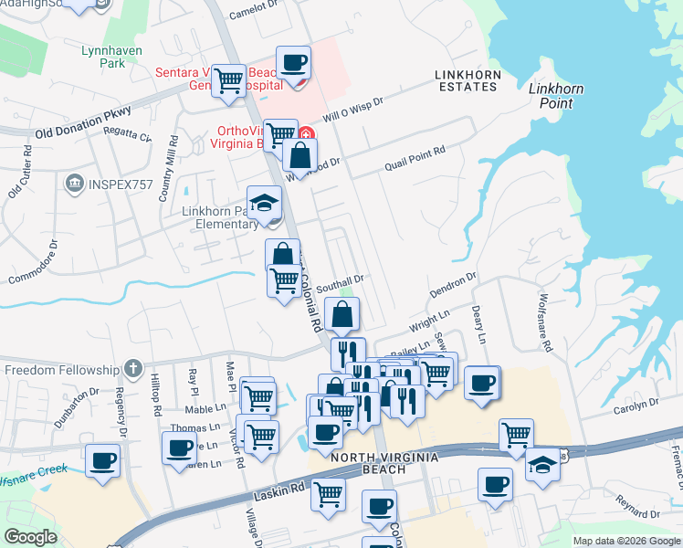 map of restaurants, bars, coffee shops, grocery stores, and more near 1012 Tottenham Lane in Virginia Beach