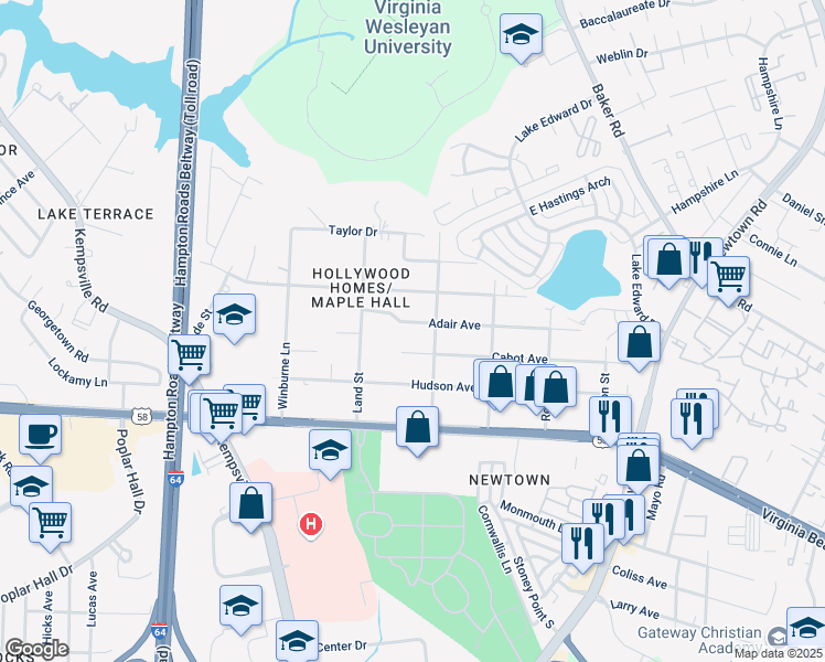 map of restaurants, bars, coffee shops, grocery stores, and more near 6345 Adair Avenue in Norfolk