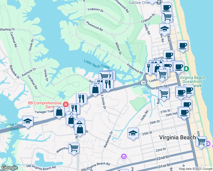 map of restaurants, bars, coffee shops, grocery stores, and more near 980 Laskin Road in Virginia Beach