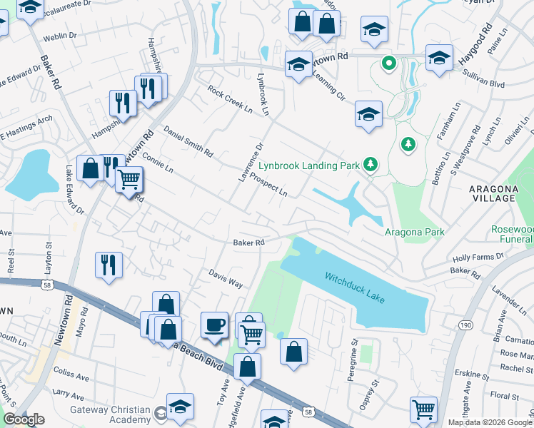 map of restaurants, bars, coffee shops, grocery stores, and more near 500 Eustis Court in Virginia Beach