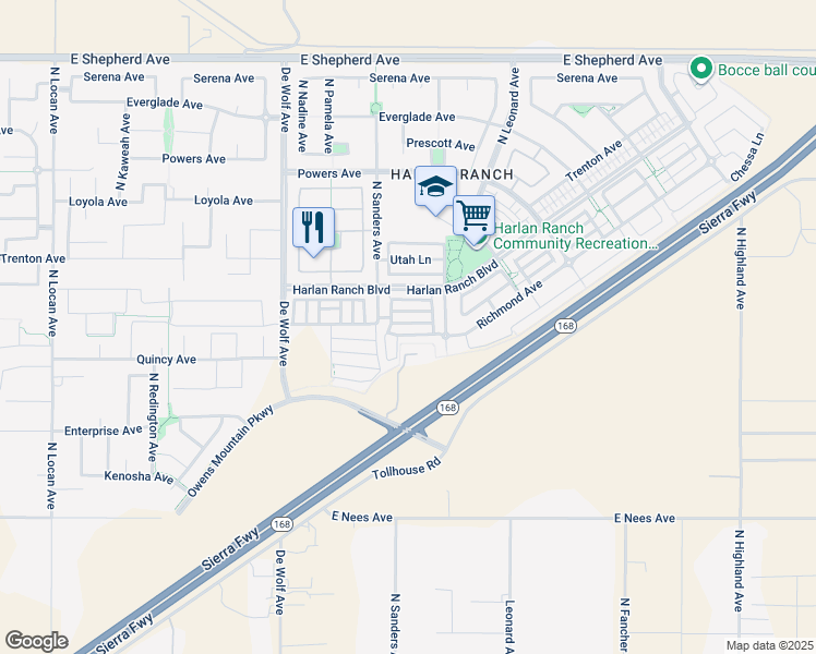 map of restaurants, bars, coffee shops, grocery stores, and more near 3638 Etchings Way in Clovis