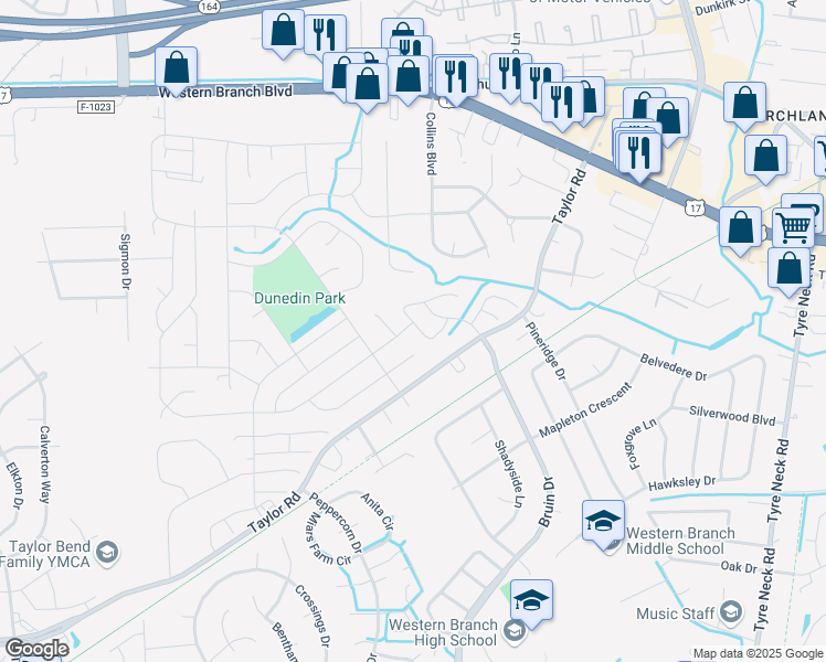 map of restaurants, bars, coffee shops, grocery stores, and more near 3545 Radford Circle in Chesapeake