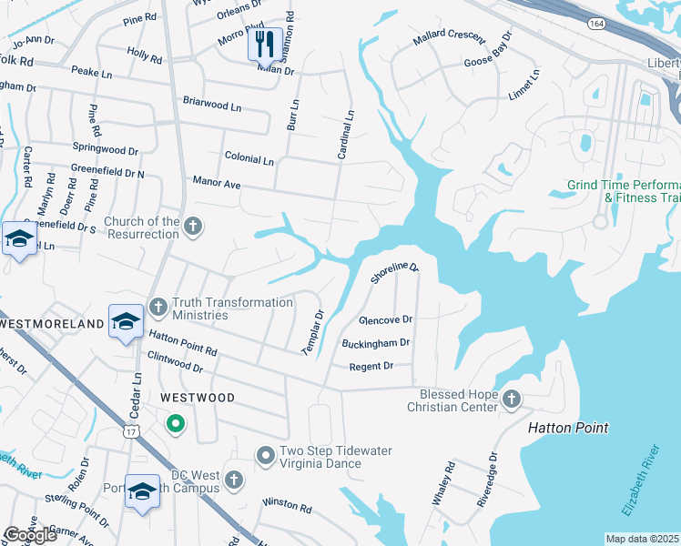 map of restaurants, bars, coffee shops, grocery stores, and more near 3601 Templar Court in Portsmouth