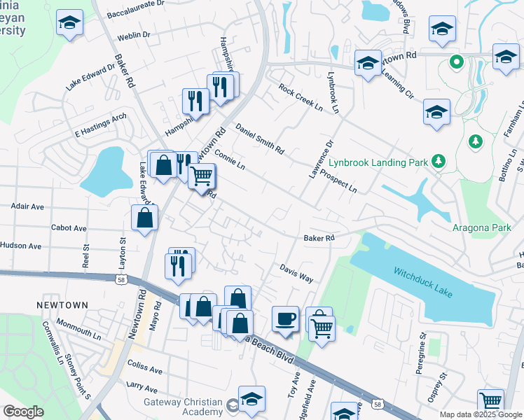 map of restaurants, bars, coffee shops, grocery stores, and more near 516 Baker Road in Virginia Beach