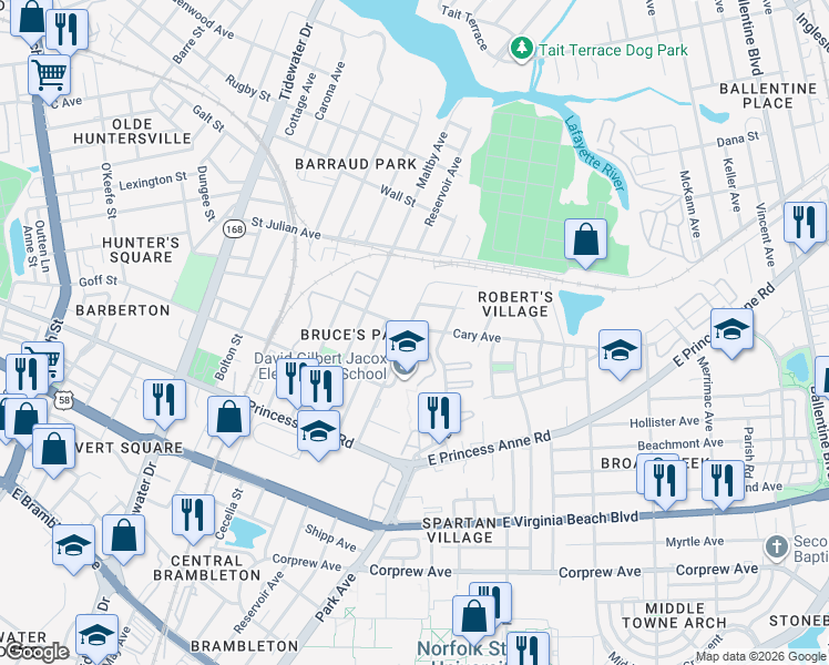map of restaurants, bars, coffee shops, grocery stores, and more near 1356 Marshall Avenue in Norfolk
