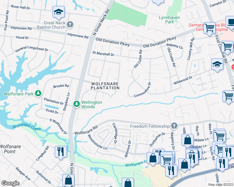 map of restaurants, bars, coffee shops, grocery stores, and more near 808 Duke of Suffolk Drive in Virginia Beach