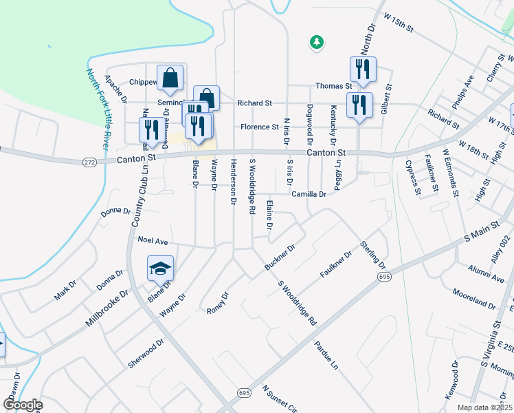 map of restaurants, bars, coffee shops, grocery stores, and more near 500-526 S Wooldridge Rd in Hopkinsville