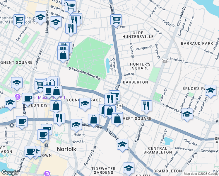 map of restaurants, bars, coffee shops, grocery stores, and more near 632 Henry Street in Norfolk