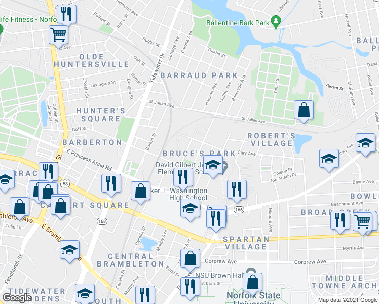 map of restaurants, bars, coffee shops, grocery stores, and more near 1336 Hanson Avenue in Norfolk