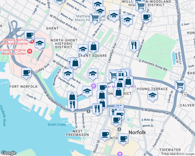map of restaurants, bars, coffee shops, grocery stores, and more near 696 Mowbray Arch in Norfolk