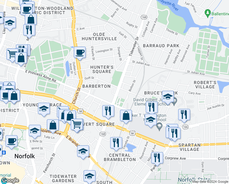 map of restaurants, bars, coffee shops, grocery stores, and more near 1263 Tidewater Drive in Norfolk