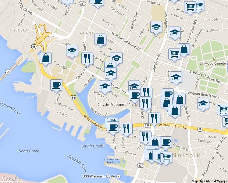 map of restaurants, bars, coffee shops, grocery stores, and more near 418 Fairfax Avenue in Norfolk