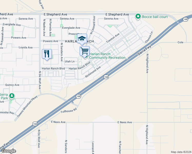 map of restaurants, bars, coffee shops, grocery stores, and more near 3774 Chessa Lane in Clovis