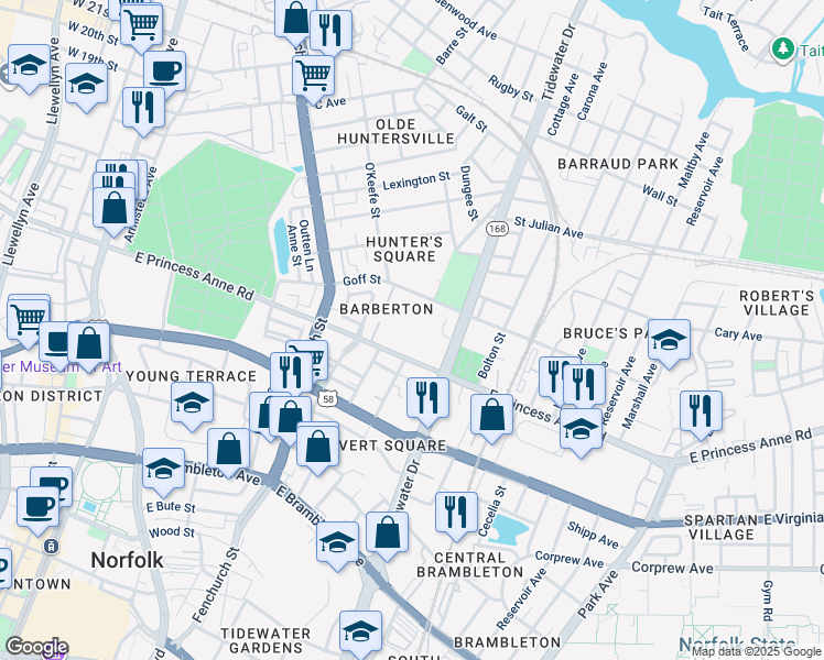 map of restaurants, bars, coffee shops, grocery stores, and more near 898 East Princess Anne Road in Norfolk