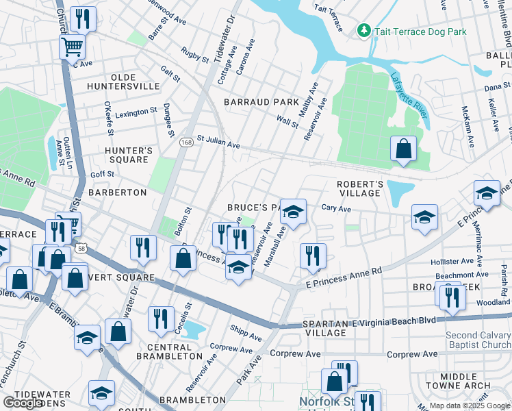 map of restaurants, bars, coffee shops, grocery stores, and more near 1336 Hanson Avenue in Norfolk