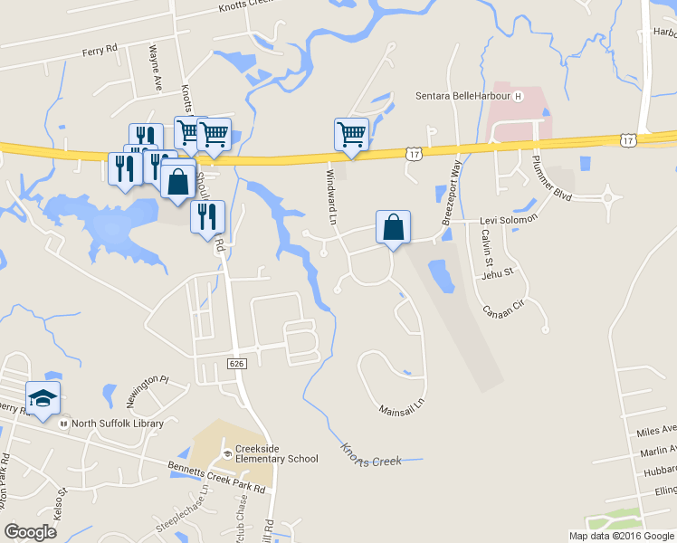 map of restaurants, bars, coffee shops, grocery stores, and more near 5002 Topsail Court in Suffolk