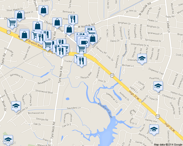 map of restaurants, bars, coffee shops, grocery stores, and more near 3119 Sterling Way in Portsmouth