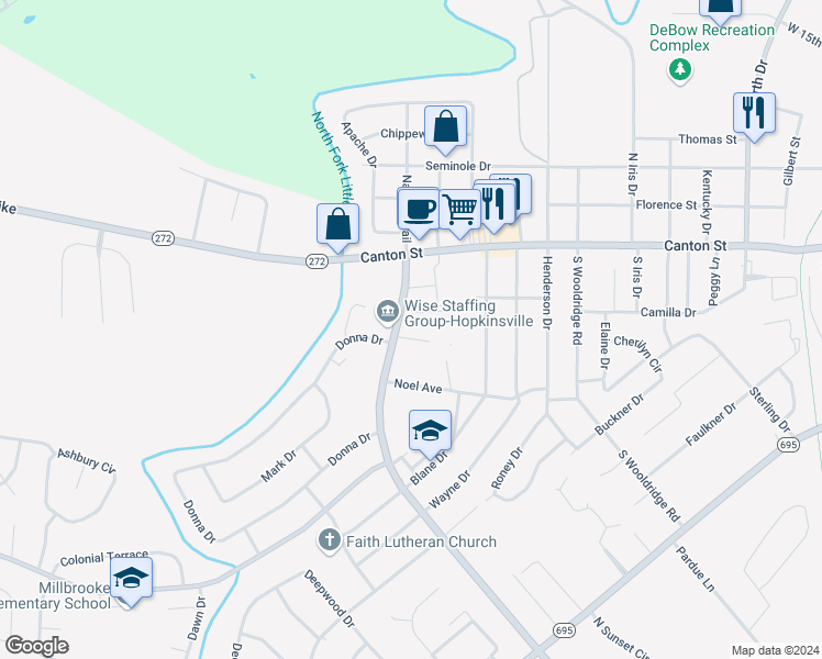 map of restaurants, bars, coffee shops, grocery stores, and more near 104 Forbes Drive in Hopkinsville