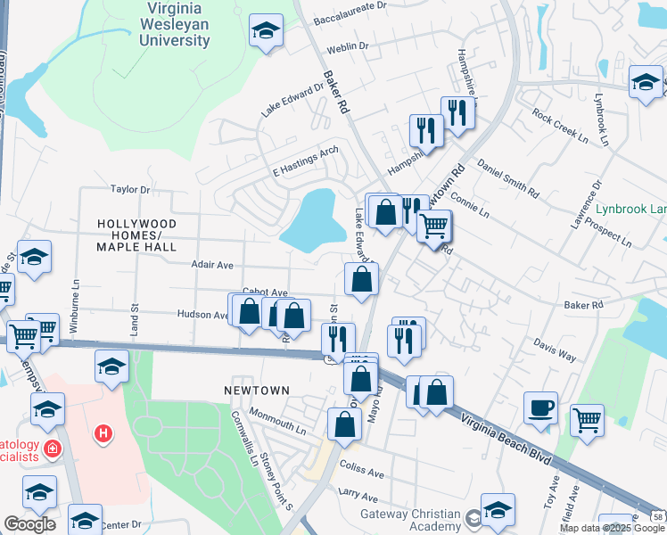 map of restaurants, bars, coffee shops, grocery stores, and more near 5800 Layton Street in Virginia Beach