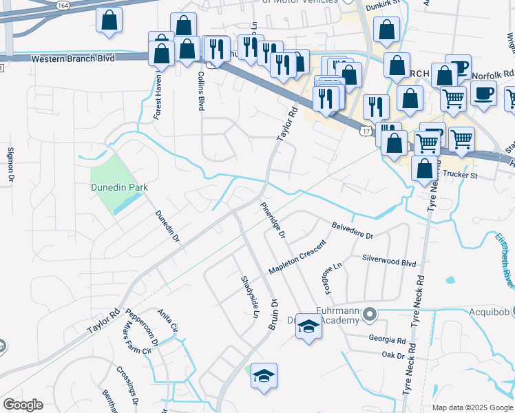 map of restaurants, bars, coffee shops, grocery stores, and more near 4201 Pineridge Court in Chesapeake