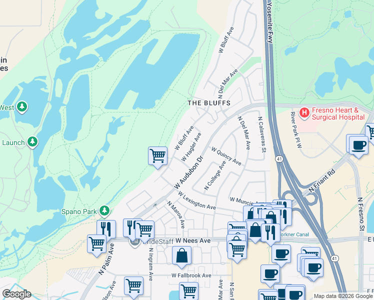 map of restaurants, bars, coffee shops, grocery stores, and more near 394 West Hagler Avenue in Fresno