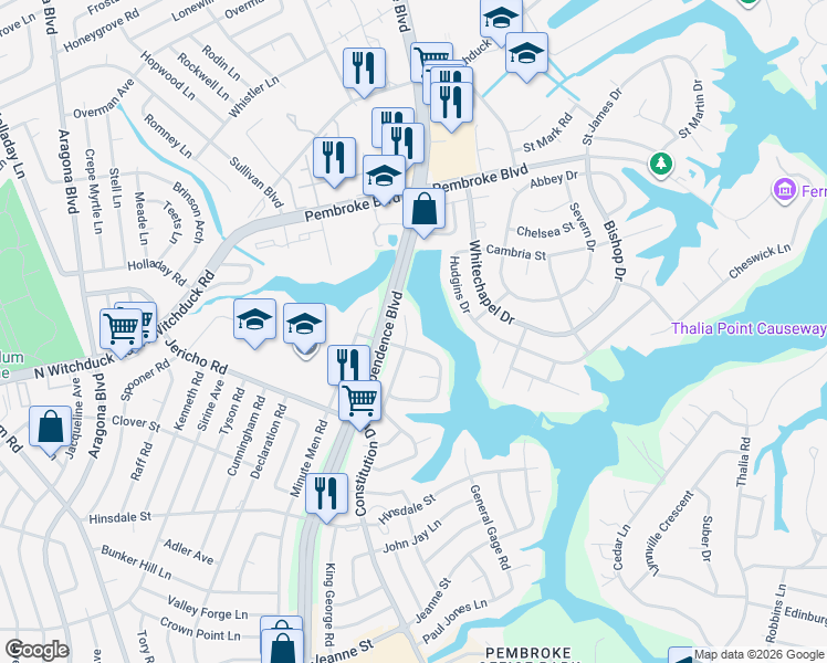 map of restaurants, bars, coffee shops, grocery stores, and more near 662 Liberty Bell Road in Virginia Beach
