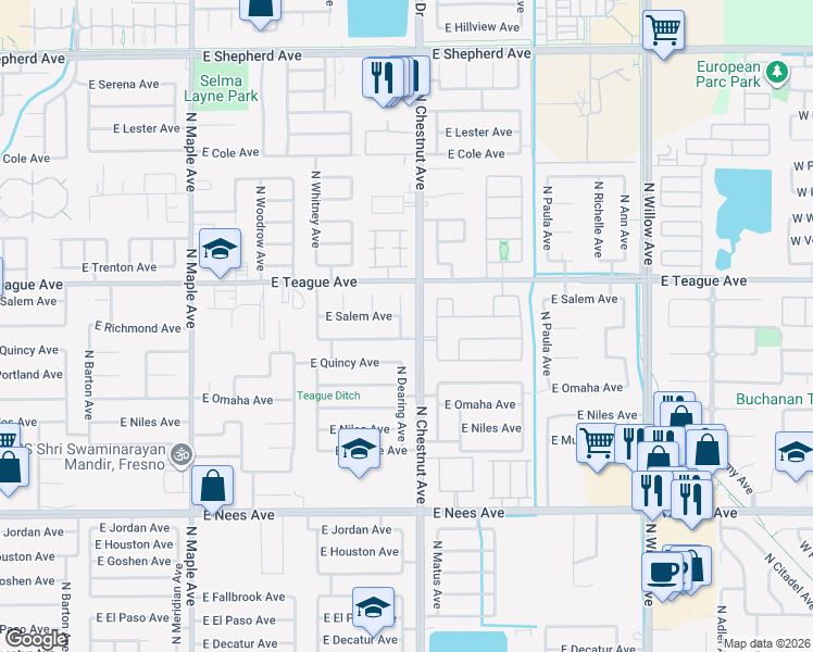 map of restaurants, bars, coffee shops, grocery stores, and more near 8396 North Dearing Avenue in Fresno