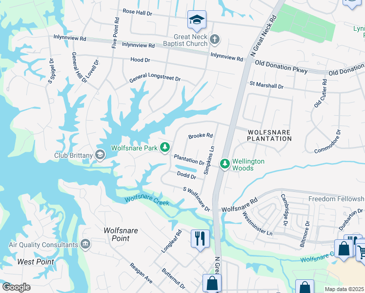 map of restaurants, bars, coffee shops, grocery stores, and more near 809 Brooke Road in Virginia Beach