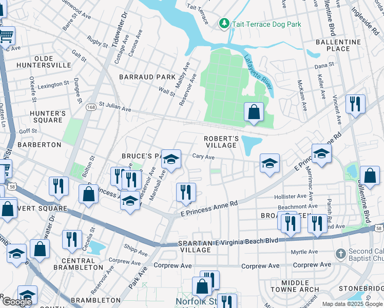 map of restaurants, bars, coffee shops, grocery stores, and more near 2314 Cary Avenue in Norfolk