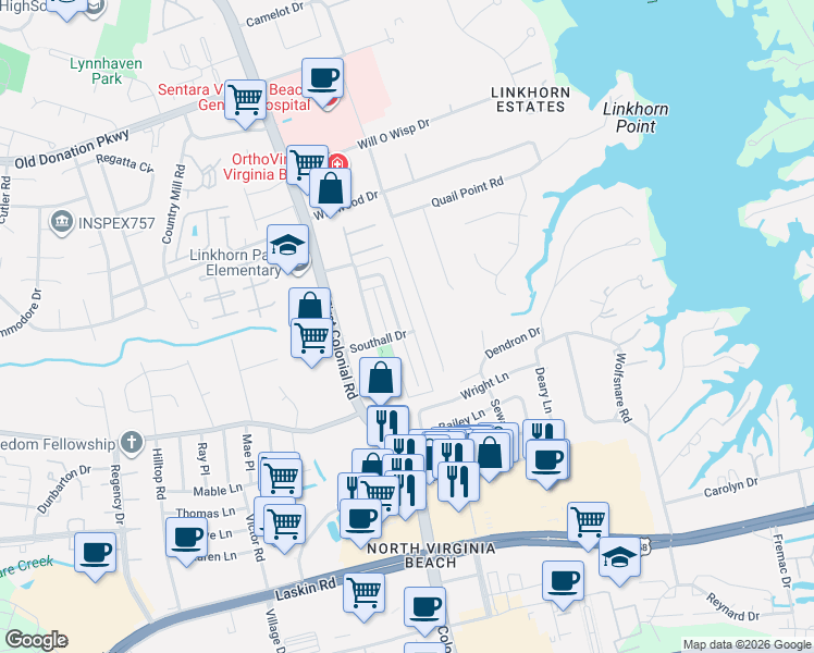 map of restaurants, bars, coffee shops, grocery stores, and more near 1000 Royal Park Court in Virginia Beach